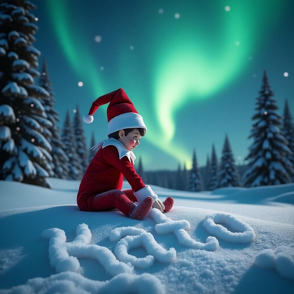 An elf on the shelf is outdoors in the snow with the name Kato written in the snow. Northern lights illuminate the sky in the background.