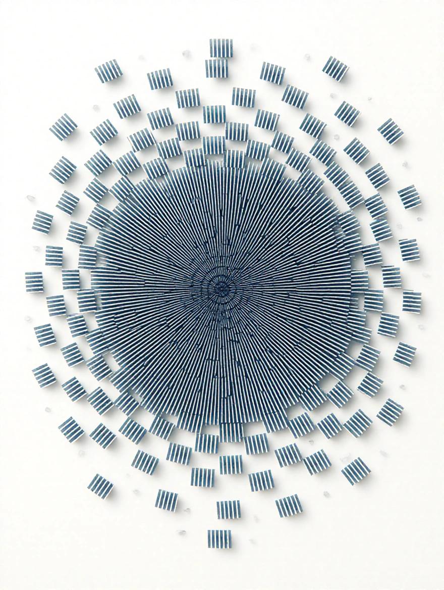 Abstract design featuring a spiral pattern made from small, striped elements, resembling petals or rays. The color scheme is blue and white, emphasizing an artistic and modern look.