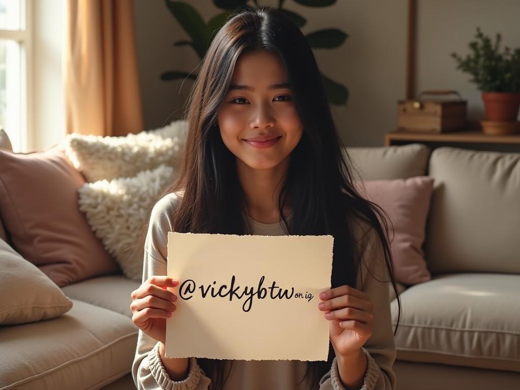 A girl with glossy black hair is sitting in a cozy living room. She has a surprised expression, with large expressive eyes. In her hands, she holds a piece of paper that reads '@vickybtww on ig'. The background features warm lighting from a lamp and soft furniture, enhancing the atmosphere. The overall feel of the image is inviting and personal. The girl's attire is casual, contributing to the relatable appearance of the scene.