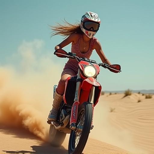 Girl riding a motorcycle in the desert. Dust clouds are forming behind. Bright sunlight and clear sky. Dynamic pose and style.