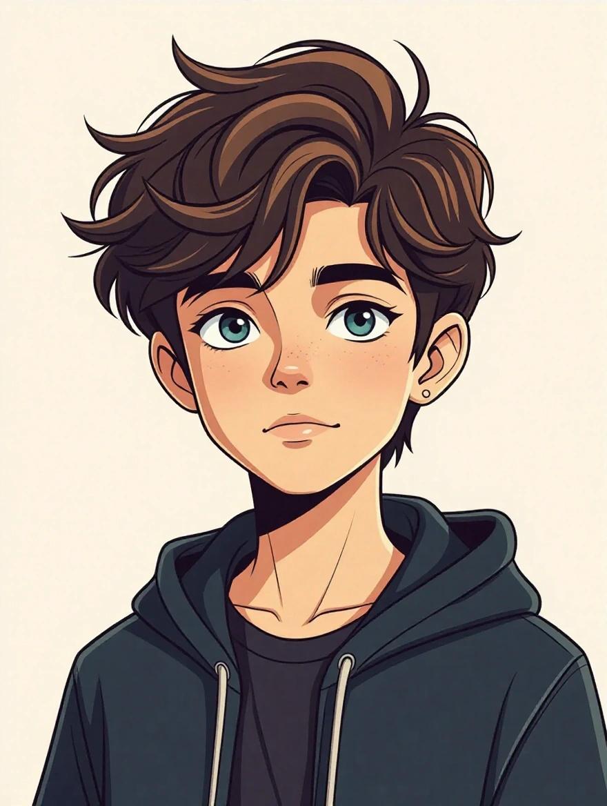 Vector art of an androgynous boy with a slender build and a svelte appearance. Boy has messy, wavy brown hair and expressive blue eyes. Wearing a casual black hoodie.