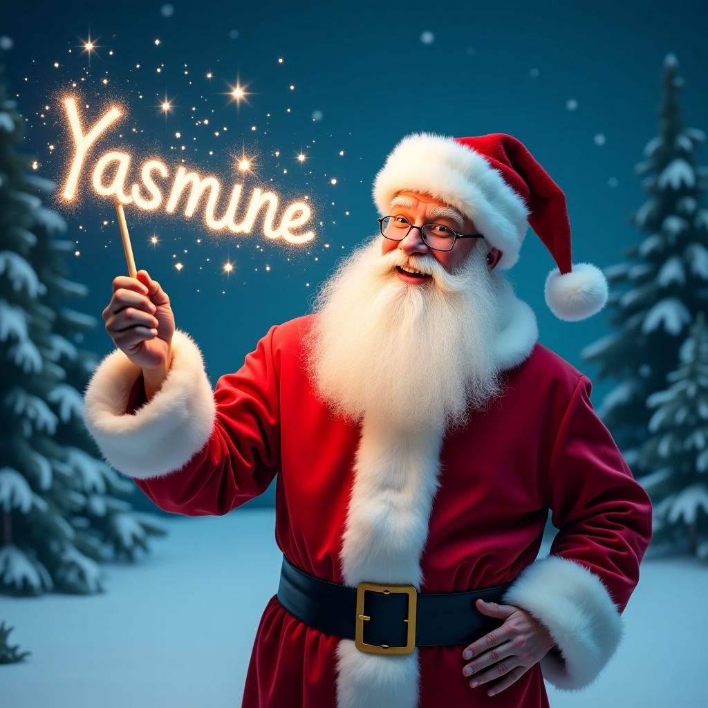 A jolly Santa Claus in a snowy landscape holds a magical wand shining with sparkles the name Yasmine. He wears a classic red suit with white fur trim and a matching hat. Santa's eyes twinkle with joy writing names in the sky. The background features a snowy scene with evergreen trees and a starry night sky.