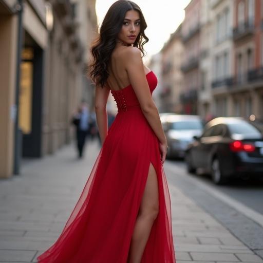 Woman confidently posing as a professional model in street photography. Tall with hourglass silhouette in a fashionable red prom dress standing on a city street.