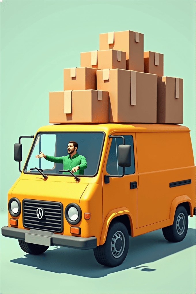 A cartoonish yellow delivery van with a stack of large cardboard boxes precariously balanced on top, driven by a cheerful man in a green shirt gesturing energetically.