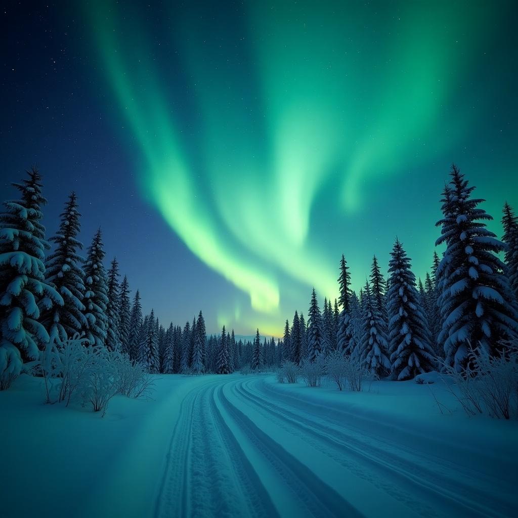 Winter landscape featuring the northern lights over a snowy forest with a winding path.