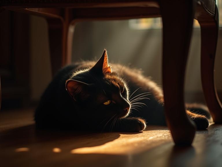 A black cat is sleeping under a chair. Sunlight creates god rays emerging from its body. The image captures soft lighting and warm tones. The cat's silhouette is prominent against the floor.