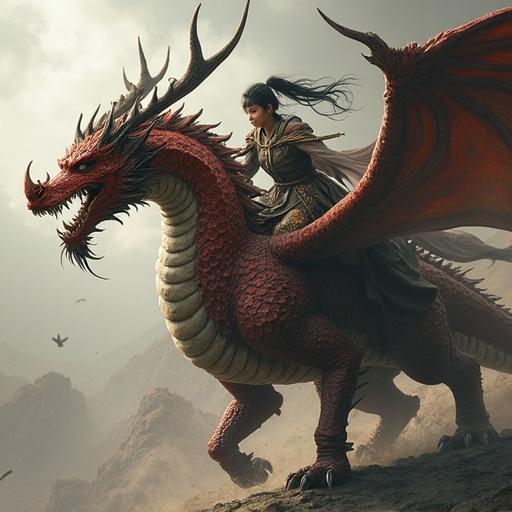 Nezha depicted as a warrior battling a dragon in a fantastical landscape. The dragon has red scales and large wings. Nezha is equipped with armor and ready for battle. The background features rocky mountains and a dramatic sky.