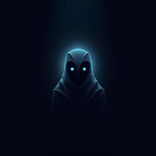 Logo design for MargaretJ-AI digital art store. Features a mysterious cloaked figure with glowing blue eyes. Minimalist style combines dark colors with abstract elements. Logo evokes depth and emotion suitable for branding.