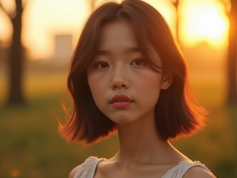 Photorealistic portrait of a girl during golden hour. The sunlight filters through the trees. Soft focus emphasizes natural beauty. High resolution for detailed features.