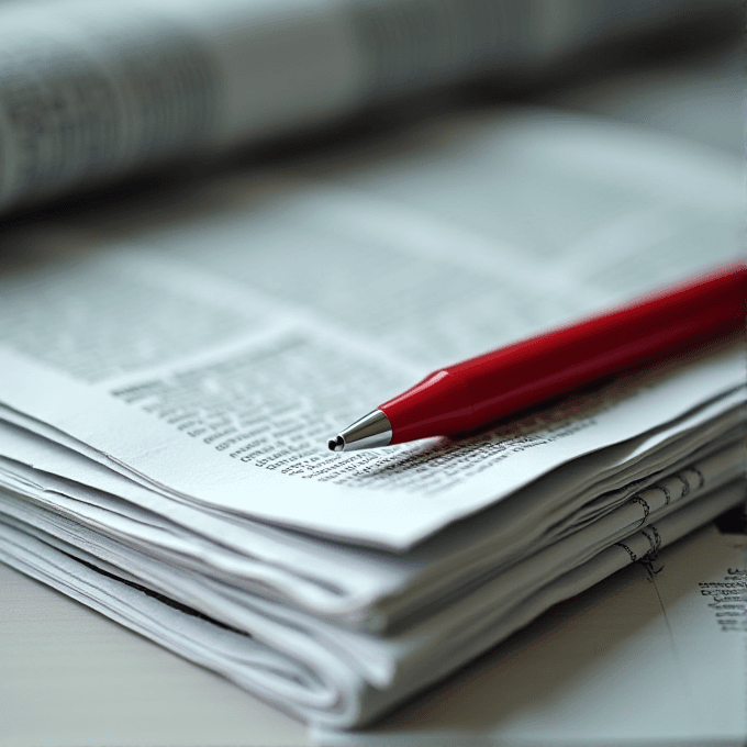 A red pen lies atop a stack of print newspapers, suggesting a scene of analysis or editing.