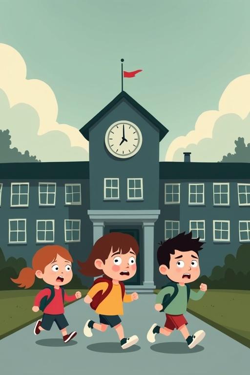 Cartoon-style children running from a gray school building. Bored expressions on the children's faces. Overcast sky. Muted color palette. 2D animation style.
