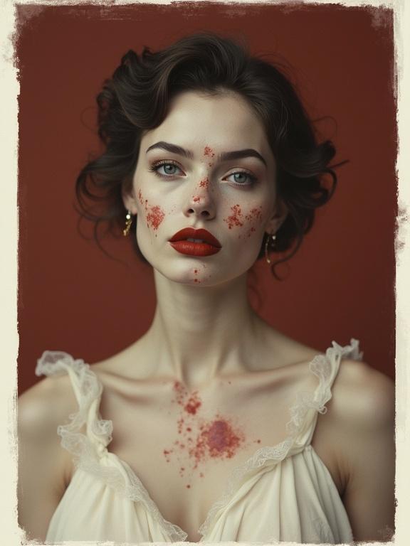 Photography of a beautiful model with yogurt splashed lips. Artistic pose in a gown. Collodion style imagery. Vintage aesthetic with a high contrast look. Diffused lighting. Low angle shot. Styled in the manner of Richard Avedon.