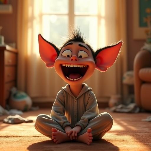 A 3D animated humanoid character with big eyes and ears in a messy bedroom. The character wears pajamas and is laughing loudly. Sunlight shines through curtains highlighting joyful expression.