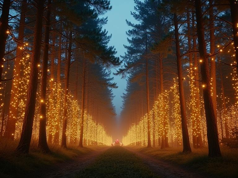 Cinematic shot captures enchanted forest at night with tall pine trees adorned with golden fairy lights. The scene evokes wonder and fairytale enchantment, creating a sparkling canopy.