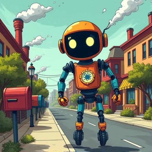 Round-headed robot courier delivers packages in gear town. Packages fly to homes. Robot has a transparent belly showing glowing map. Mailboxes wave on roadside. Chimneys spout gear-shaped smoke. Robot on right side with town street in background. Colors convey a mechanical sense. Tough lines create busy atmosphere.