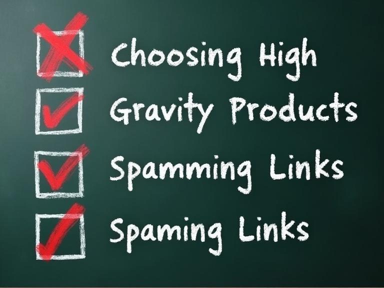A checklist displayed on a chalkboard. Mistakes are highlighted with crossed-out items. Items include Choosing High Gravity Products and Spamming Links. Red X emphasizes the mistakes.