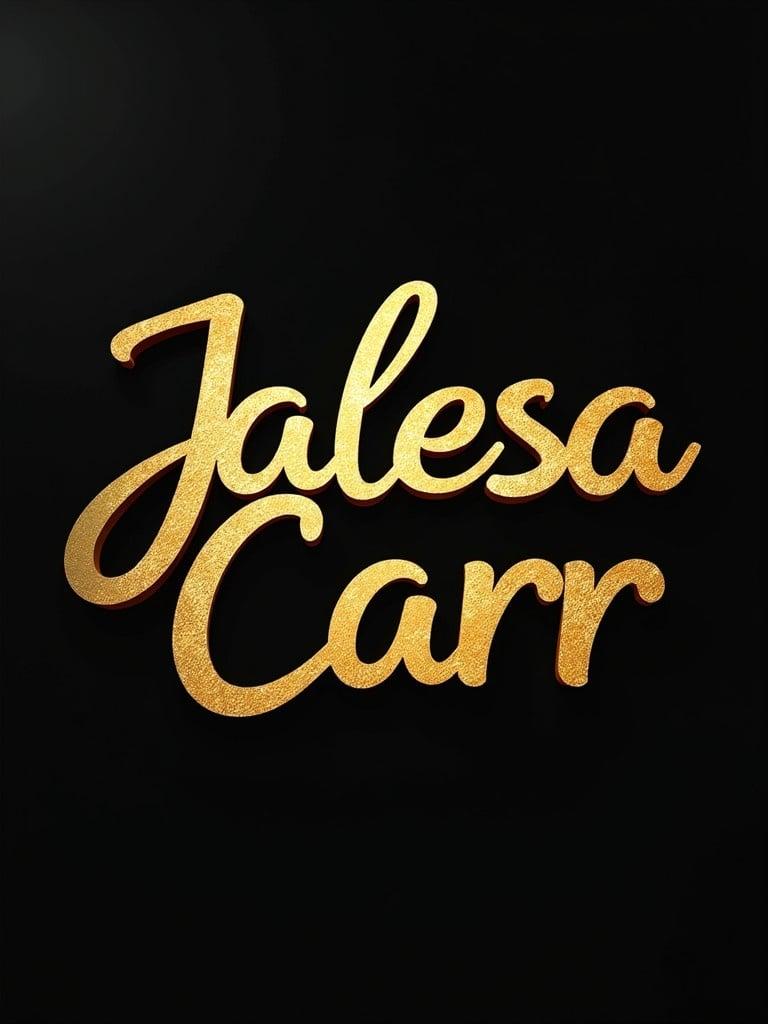 Black background with golden script font. Text spells Jalesa Carr Real Estate and Childcare. Frame of roof design around the text. High glowing gold lettering for emphasis.