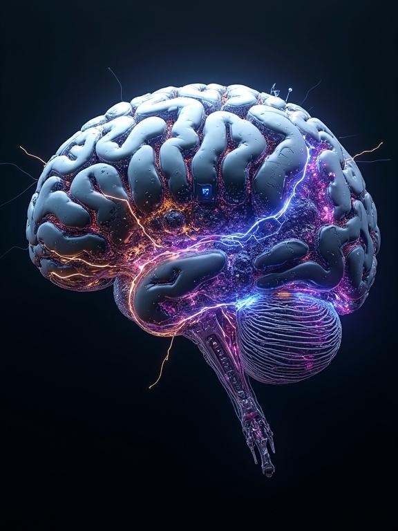 Highly detailed AI brain floating in a dark void. Made of metallic plates, glowing neural circuits, fiber-optic strands, and pulsing organic tissue. Transparent parts reveal inner mechanisms like microchips and liquid-cooling veins. Electric arcs run on the surface. Blue and purple neural pathways pulse. The structure is asymmetrical. One half sleek and cybernetic, the other half with biological ridges and bio-luminescent nodes.