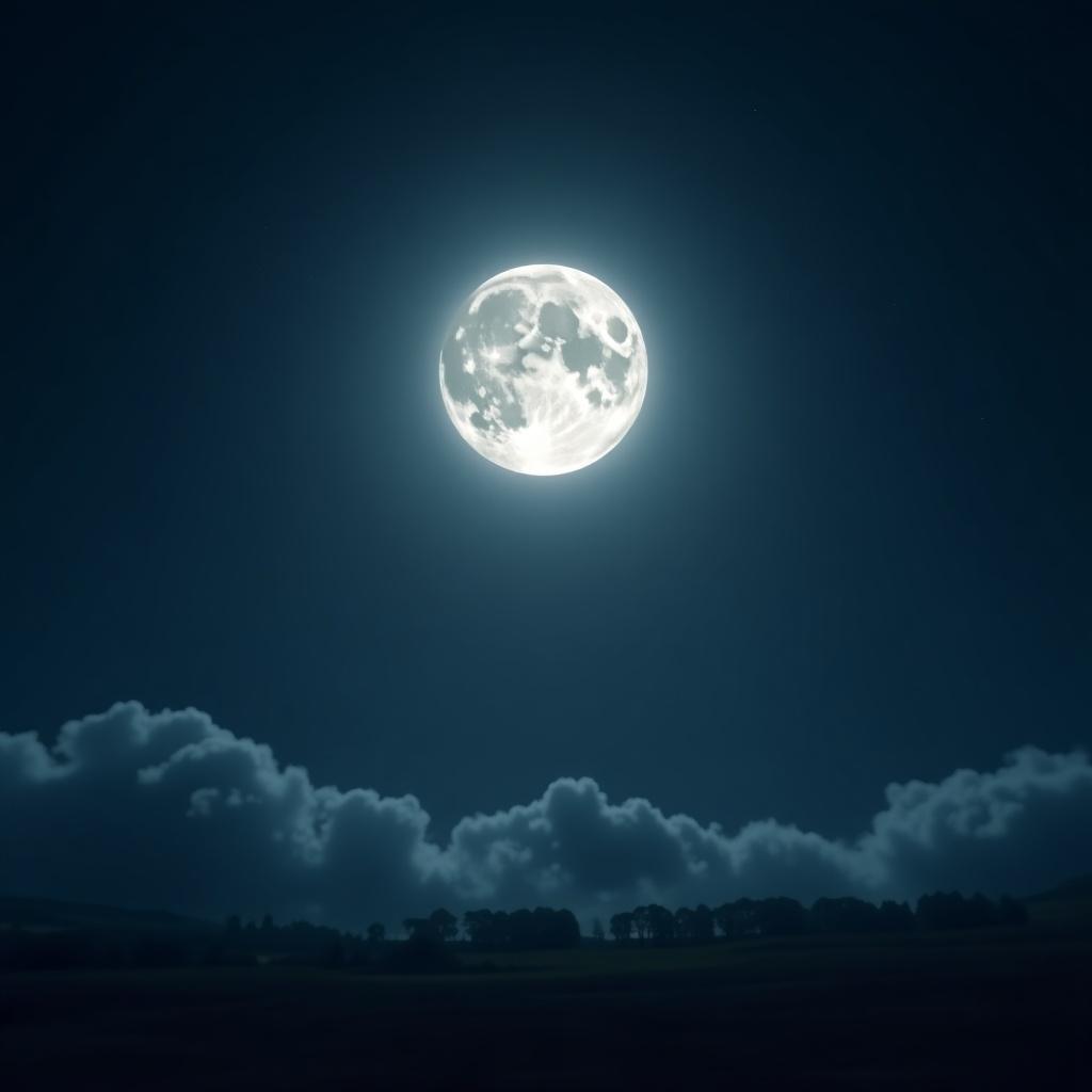 This image captures a serene night scene with a bright, full moon dominating the sky. The moon appears luminous, casting soft light over the landscape. Dark blue hues enhance the nighttime atmosphere, while fluffy clouds drift nearby. The horizon features silhouettes of trees, creating a peaceful outdoor setting. This scene evokes feelings of calm and wonder, perfect for showcasing the beauty of nature at night.