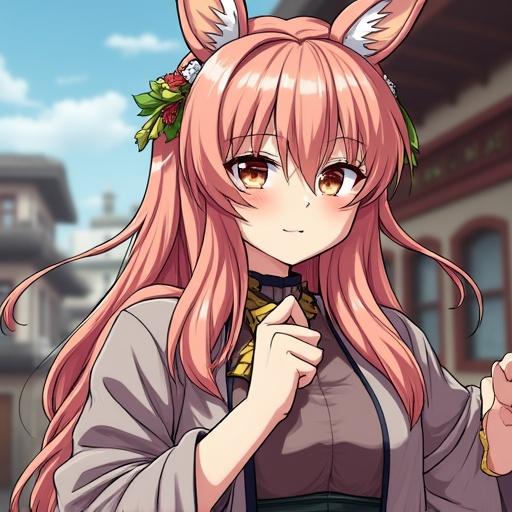 A character with porcelain-like skin sits gracefully. Long pink hair with floral adornments. An elegant outfit with intricate details. The ambiance is warm and inviting. A whimsical and enchanting presence is portrayed.