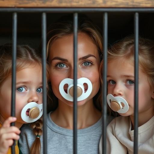 Two children keep their mother in a cage. The mother engages playfully with them. They all have exaggerated pacifiers. The cage bars are prominent.