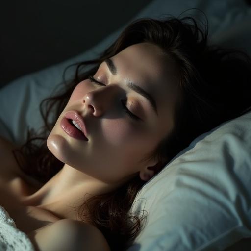 A woman lays peacefully asleep on a bed. The setting is calm and comforting. Her lips are slightly parted as she breathes gently. The overall lighting is soft and warm, enhancing the serene atmosphere of the scene.