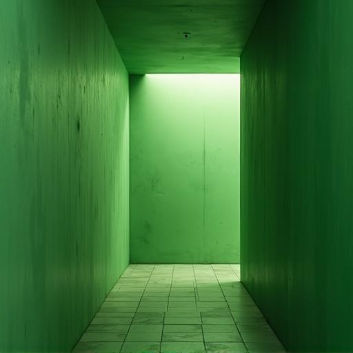 Image of a green corridor with illuminated end. Minimalist design with smooth walls and tiles. Soft lighting creates a calm atmosphere.