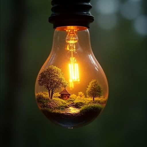 Image of a miniature idyllic landscape inside a classic incandescent lightbulb. The filament appears as a sun, illuminating grass, a path, blossoming trees, a small waterbody, and a tiny house. The bulb hangs from a black base against a dark, blurred background. There are droplets of condensation inside the bulb. Conceptual image about light and creation.