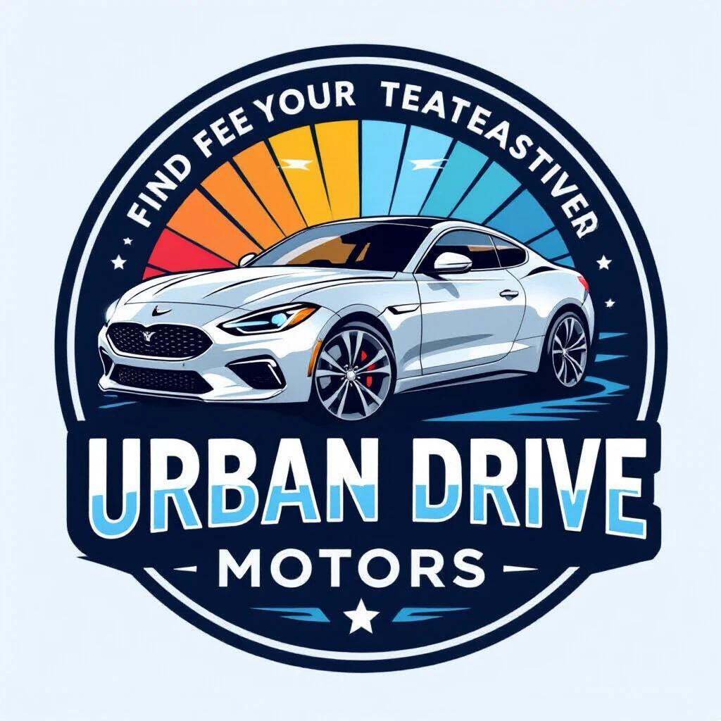 Design an engaging logo for Urban Drive Motors. Include a cool car in the center. Use the phrase 'Find Your Ideal Ride!' at the top. Feature vibrant colors like blue and orange. Ensure a dynamic look to attract customers.