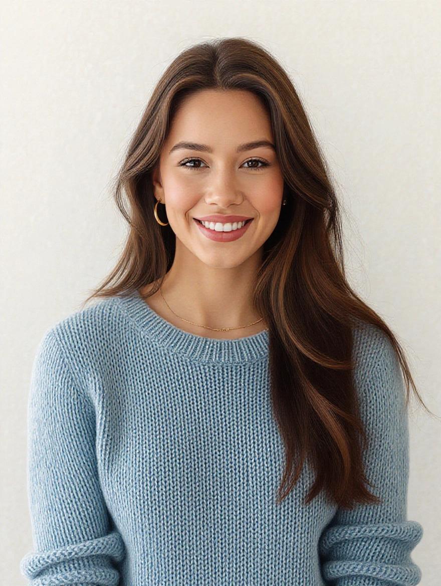 Stunning full-body portrait of a young woman with natural elegance. She has long hair and a warm smile. Wearing a light blue sweater, the setting is neutral.