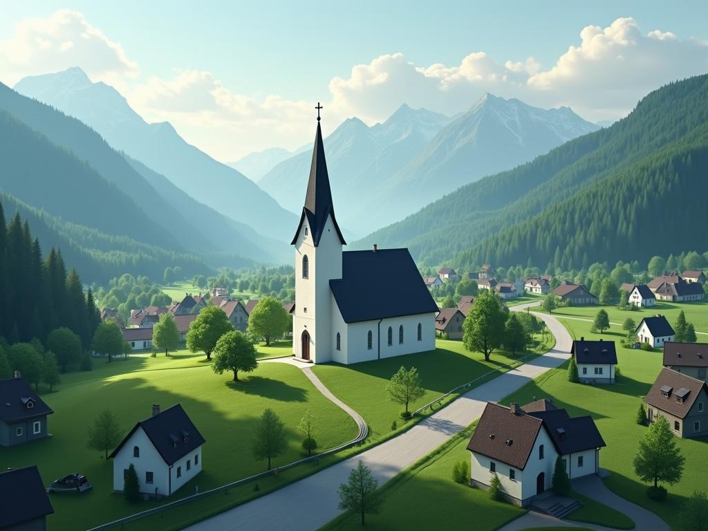The image shows a small white church in a valley village. The church has a steeply pitched dark roof with a tall steeple. Lush green landscape surrounds the church with rolling fields and scattered trees. The village consists of houses with dark roofs in various colors. Forested hills and mountains are in the background with a misty atmosphere. The sky is soft blue with clouds, creating a tranquil scene.