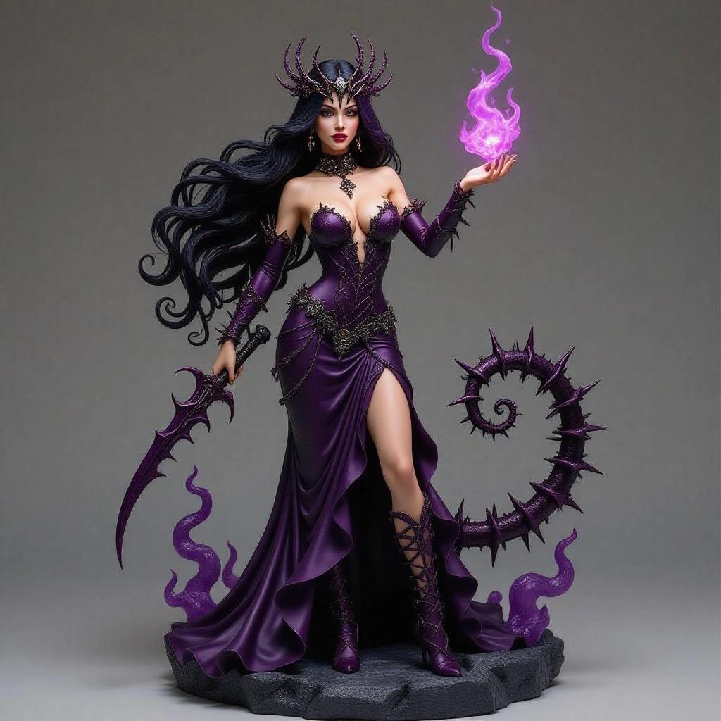 Resin statue depicting a Scorpio-inspired goddess. She has a dark and seductive presence. Long black hair with purple highlights. Tight, elegant dress with scales or thorn details in wine red, black, and purple. Spiked crown and a decorative scorpion tail. Stands on a rock base with purple smoke. One hand raised with dark energy, the other holding a dagger or claw. Her gaze is piercing, expression cruel yet beautiful.