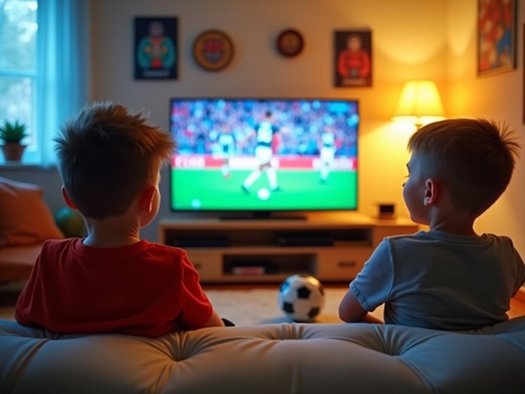 Two young boys watching a soccer game on TV in a cozy living room, with a soccer ball on the floor.