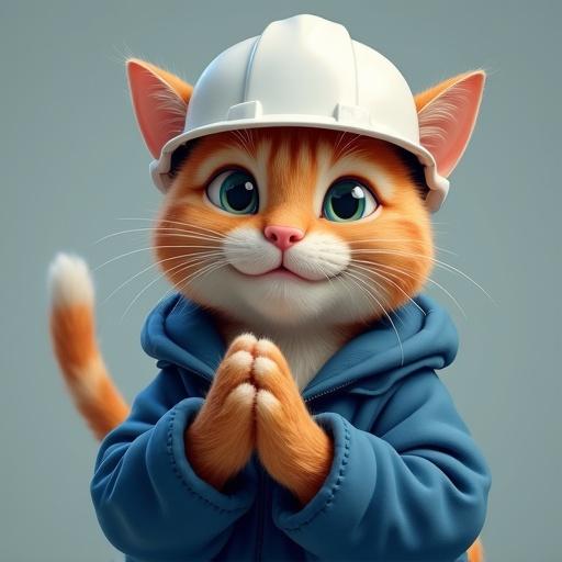 A semi-realistic cat with orange fur is clapping its paws together. It has a proud grin. The cat wears a white hard hat and a blue work jacket.