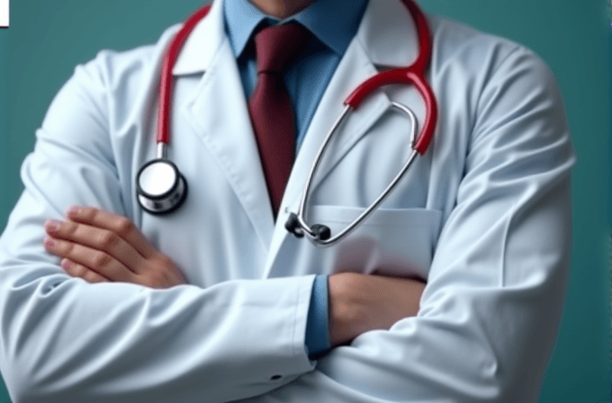 A healthcare professional stands with arms crossed, donning a white coat and red stethoscope.