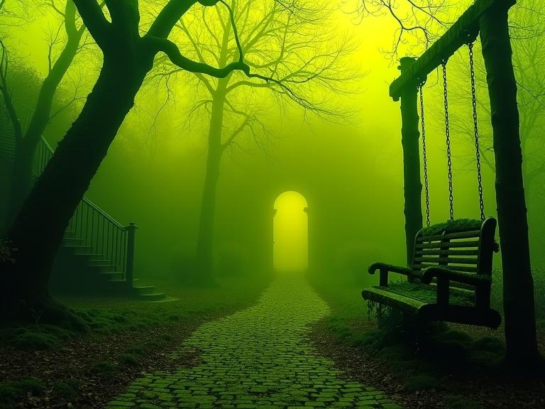 Creepy overgrown garden surrounded by dense yellow-green mist. Twisted trees overhang a mossy cobblestone path littered with dead leaves. An old swing appears moss-covered. A shadowy staircase leads to a glowing dark archway. The scene feels forgotten and still, with fog distorting the light.