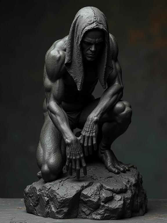 Rodin sculpture of a Klingonian in a crouched position on a black lava base. Features a mysterious ambiance with a gritty texture in fantasy art style.