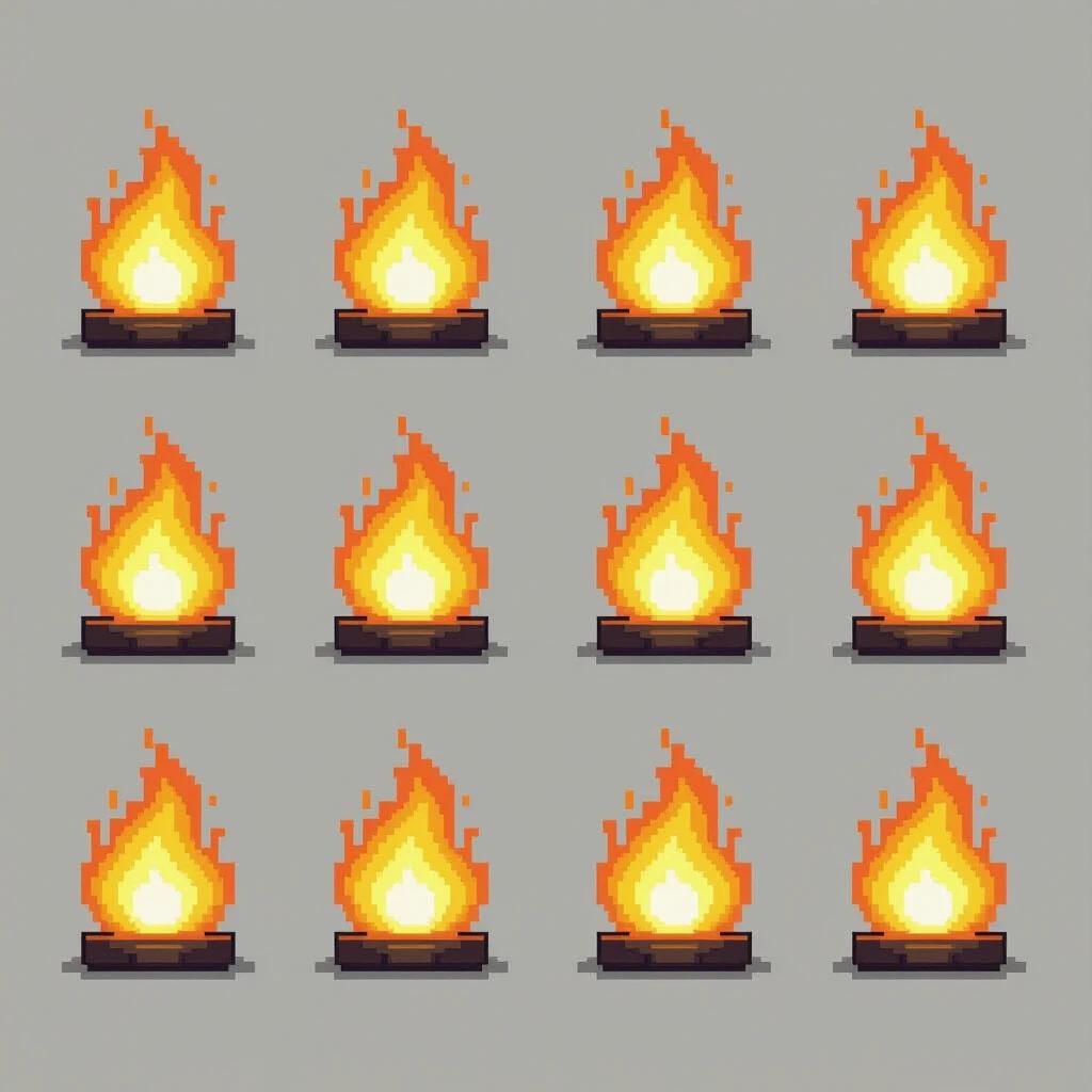 2D pixel art grid of torch flames with vibrant orange and yellow colors. Each flame icon is 8 by 8 pixels. Arranged in a neat grid on a light background. Designed for seamless use in games.