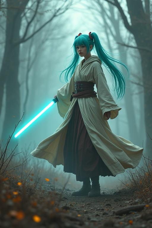 A character dressed in a Jedi robe stands in a foggy forest. The character wields a turquoise lightsaber. The scene suggests a battle against droids.