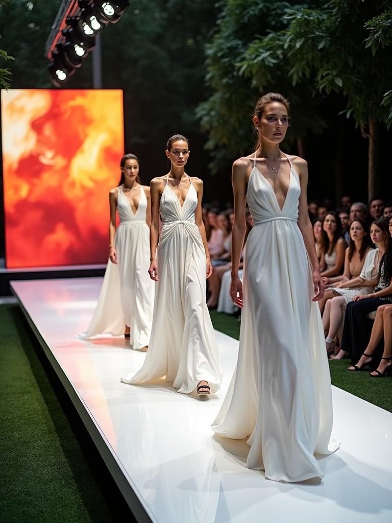 Dynamic fashion show scene with models in white dresses on runway in garden. Background features vibrant abstract screen. Audience in elegant attire is engaged and attentive. Dramatic lighting emphasizes garments and creates an exciting atmosphere.