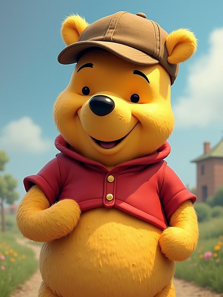 Winnie the Pooh character wearing a cap with the letter A. The setting is cheerful and bright. The character stands in a pleasant outdoor environment.