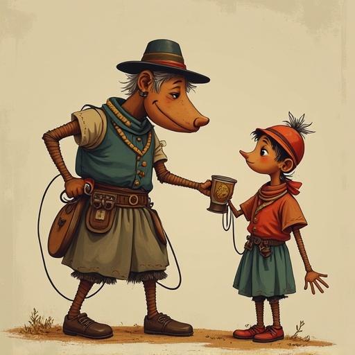 A whimsical illustration of an adult and a child sharing a moment over coffee. The adult holds a coffee mug while the child looks up with excitement. Both characters are engaging in a friendly manner with warm, inviting colors.