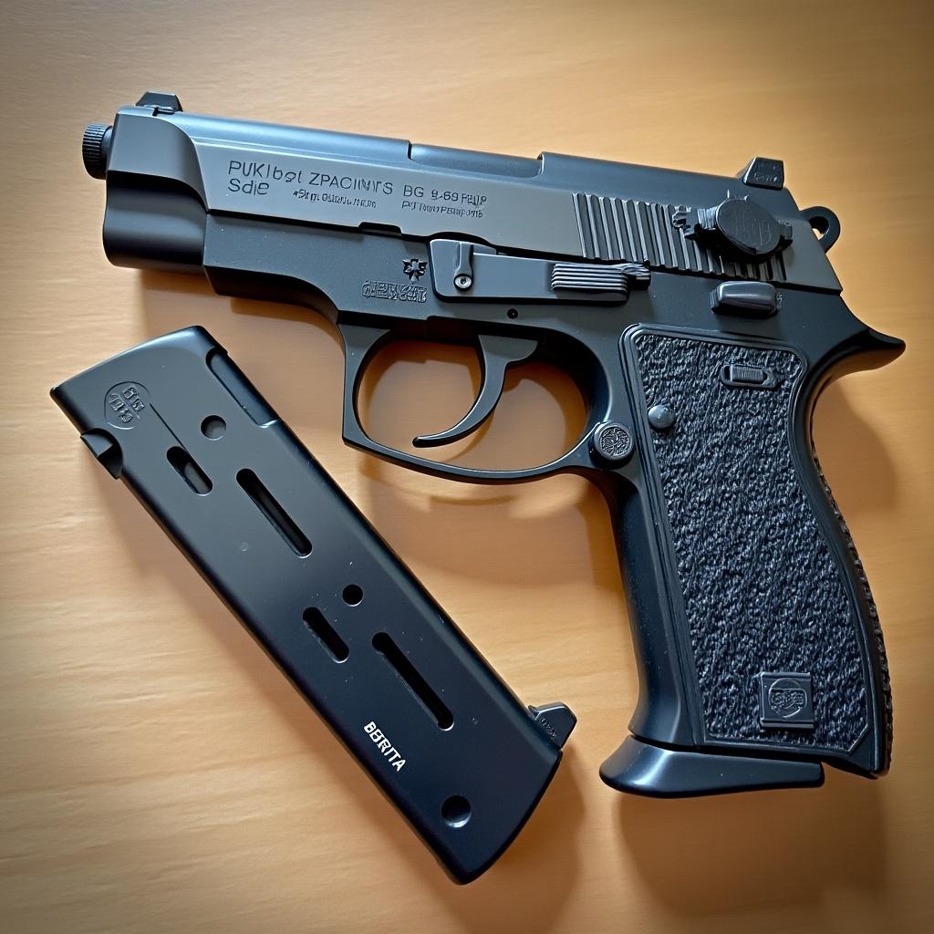 Image of a Beretta M9 pistol with a CZ75 slide. The handgun has a removed magazine displayed next to it.