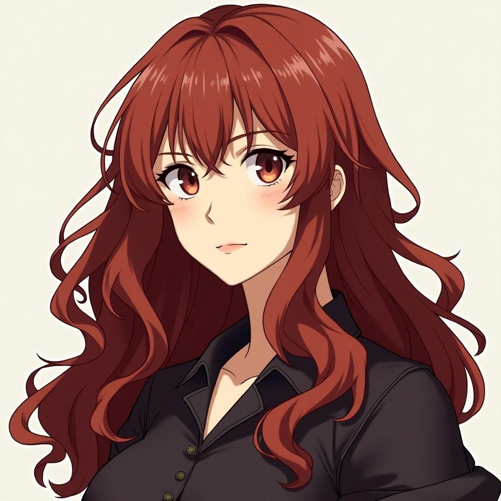 This image is a detailed portrait of a woman inspired by Fire Emblem. She has long, voluminous, wavy auburn hair that appears deep reddish-brown with highlights and lowlights that add depth. The waves of her hair are loose and natural, giving it a flowing appearance. Her thick and healthy hair frames her face beautifully, cascading past her shoulders and partially covering her neck. The character presents a strong yet gentle expression, characteristic of anime styles, making her an intriguing subject for various creative projects.