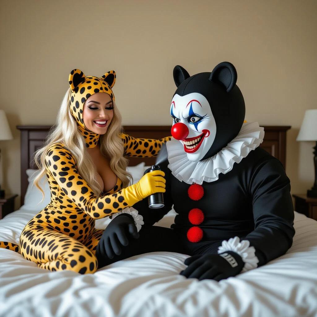 Beautiful blonde woman wearing cheetah costume sprays clown puppet with gas in a playful wrestling match inside a room.