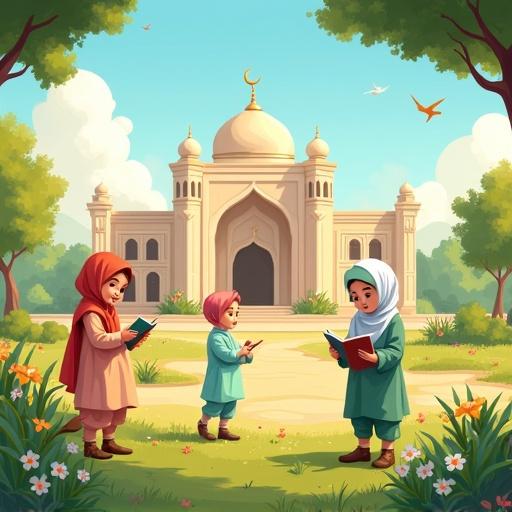 Digital illustration featuring children with modest clothing engaged in playful and educational summer activities. Open natural setting with trees, flowers, and a grand Islamic building in the background. Cartoonish warm style with no facial features. Space for Arabic text present.
