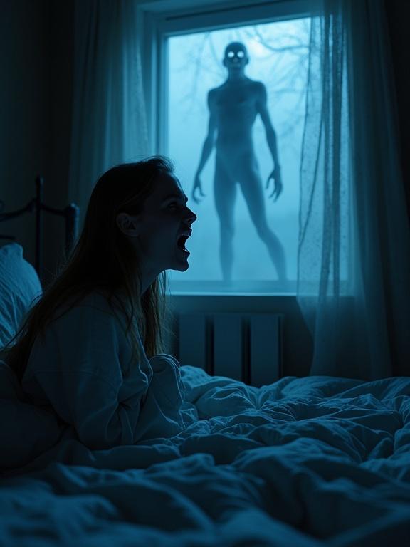 A terrified woman cowers in an unmade bed in a dark bedroom. Her body is tense in panic. A haunting figure floats in the window. The atmosphere is macabre and unsettling. The scene is illuminated by night light filtering through the window with volumetric light beams. A cool color palette dominates the composition. The style is hyperrealistic and photorealistic.