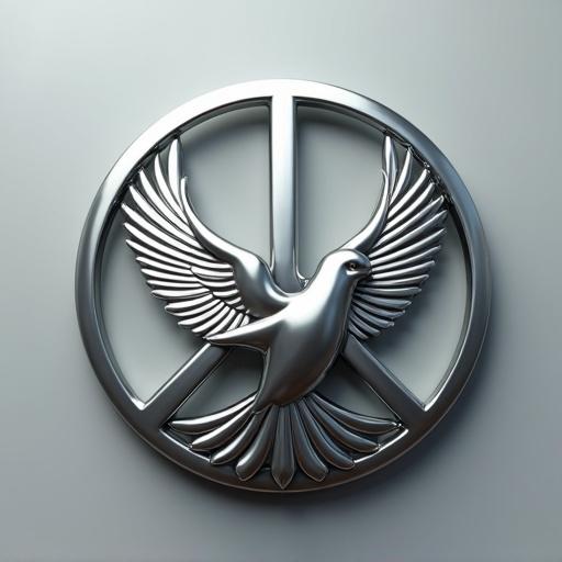 Create a brand logo combining dove of peace with peace symbol. Hyperrealistic design with chrome metal look. Detailed and visually striking.