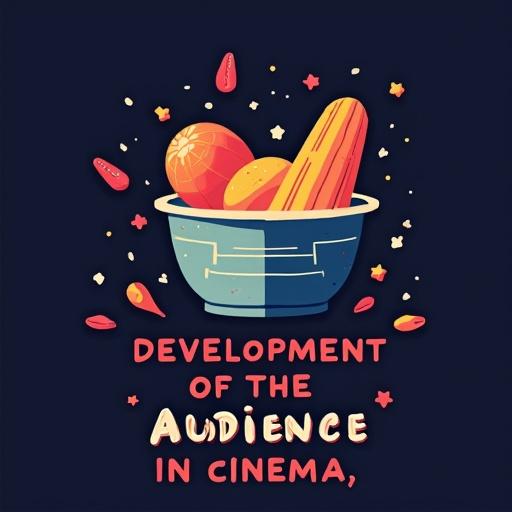 Illustration for a project called Development of the audience in cinema. A bowl containing various fruits and vegetables. Colorful design. Text included at the bottom.