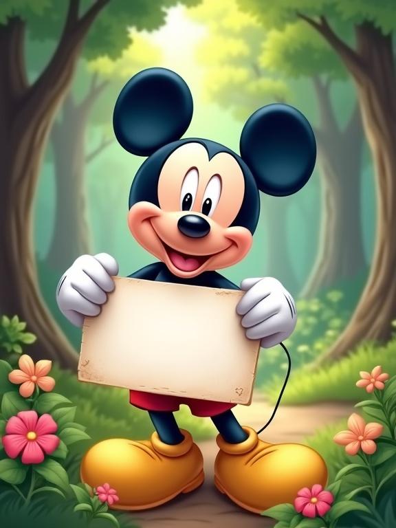 Mickey Mouse character smiling and holding a blank sign. Surrounded by flowers in a forest. Bright colors and cheerful scene.